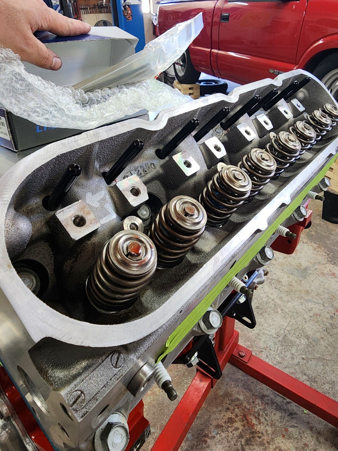 Cylinder head and valve springs during LS engine assembly